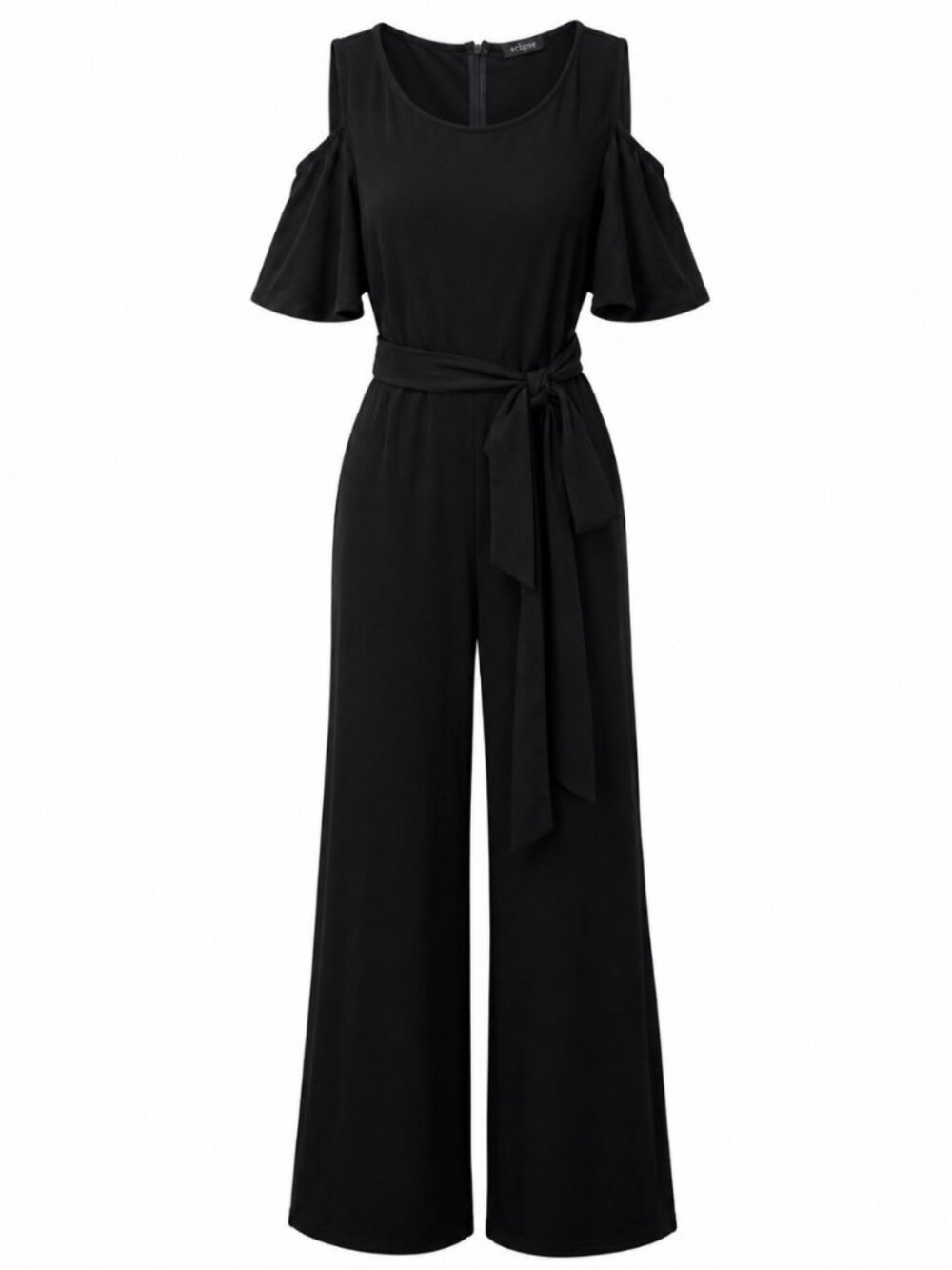 🦋 2/30 Eclipse Black Cold Shoulder Belted Jumpsuit S - Picture 1 of 8